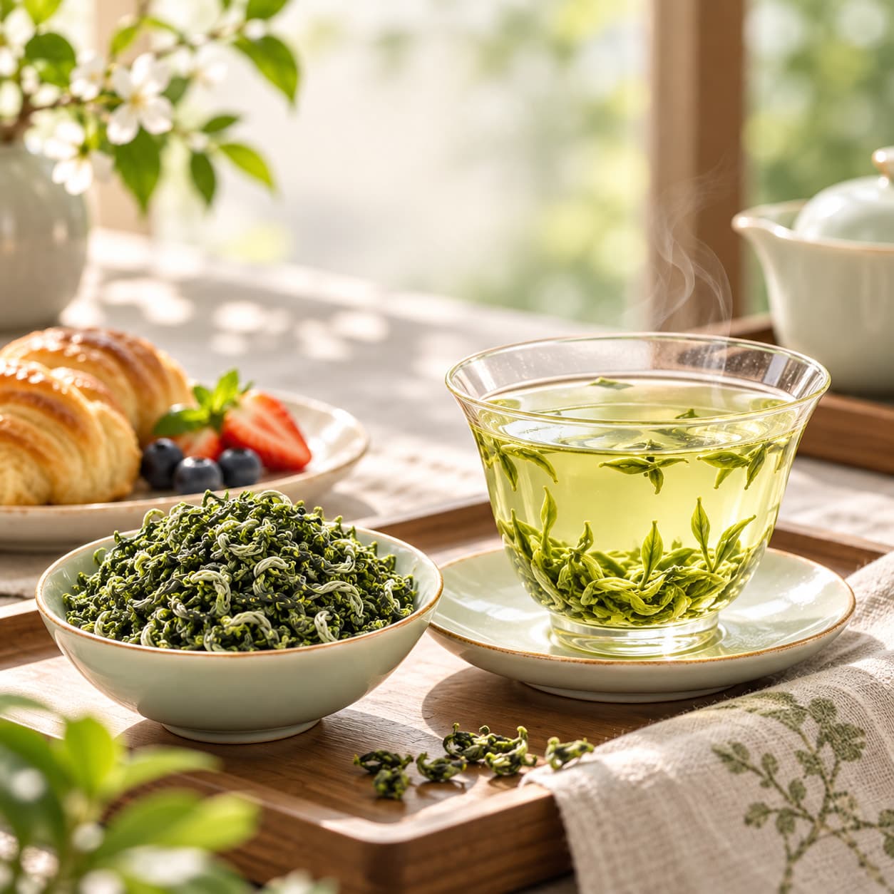 By a sunny window, a bowl of Bi Luo Chun and a glass cup of green tea on its saucer, with croissants and berries on a wooden tray.