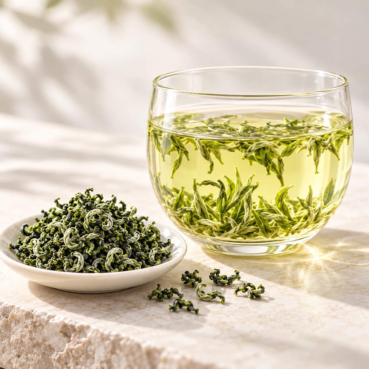 A tall glass of pale green Bi Luo Chun with leaves drifting inside, a small dish of curled leaves beside it on white stone.