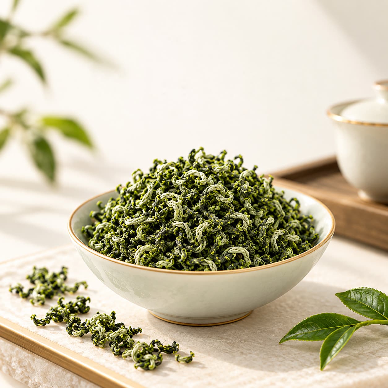 Curled Bi Luo Chun leaves heaped in a gold-rimmed porcelain bowl on linen, a few leaves scattered and a fresh tea leaf beside it.