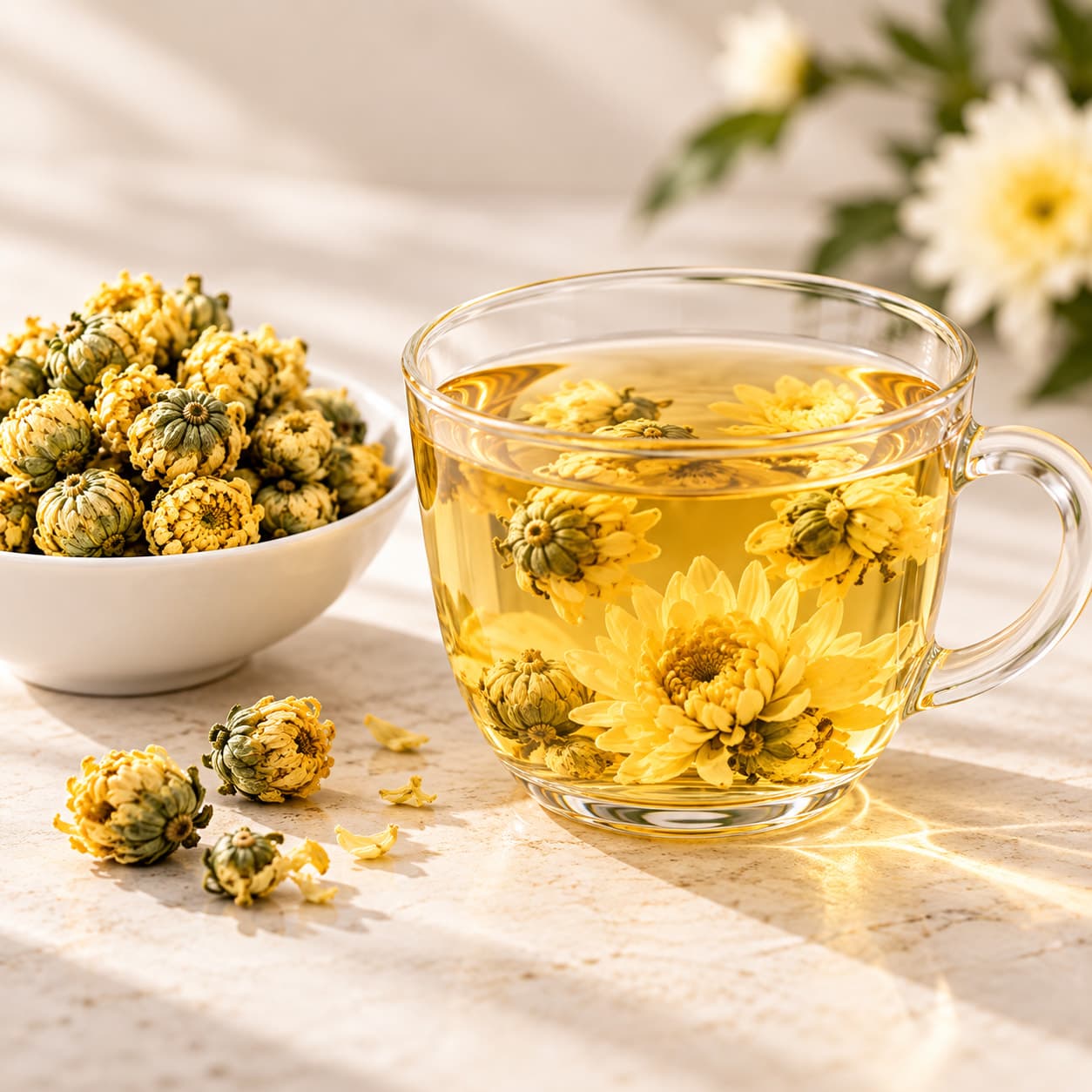 Chrysanthemum flowers opening in a glass cup of golden infusion, a bowl of dried buds beside it.