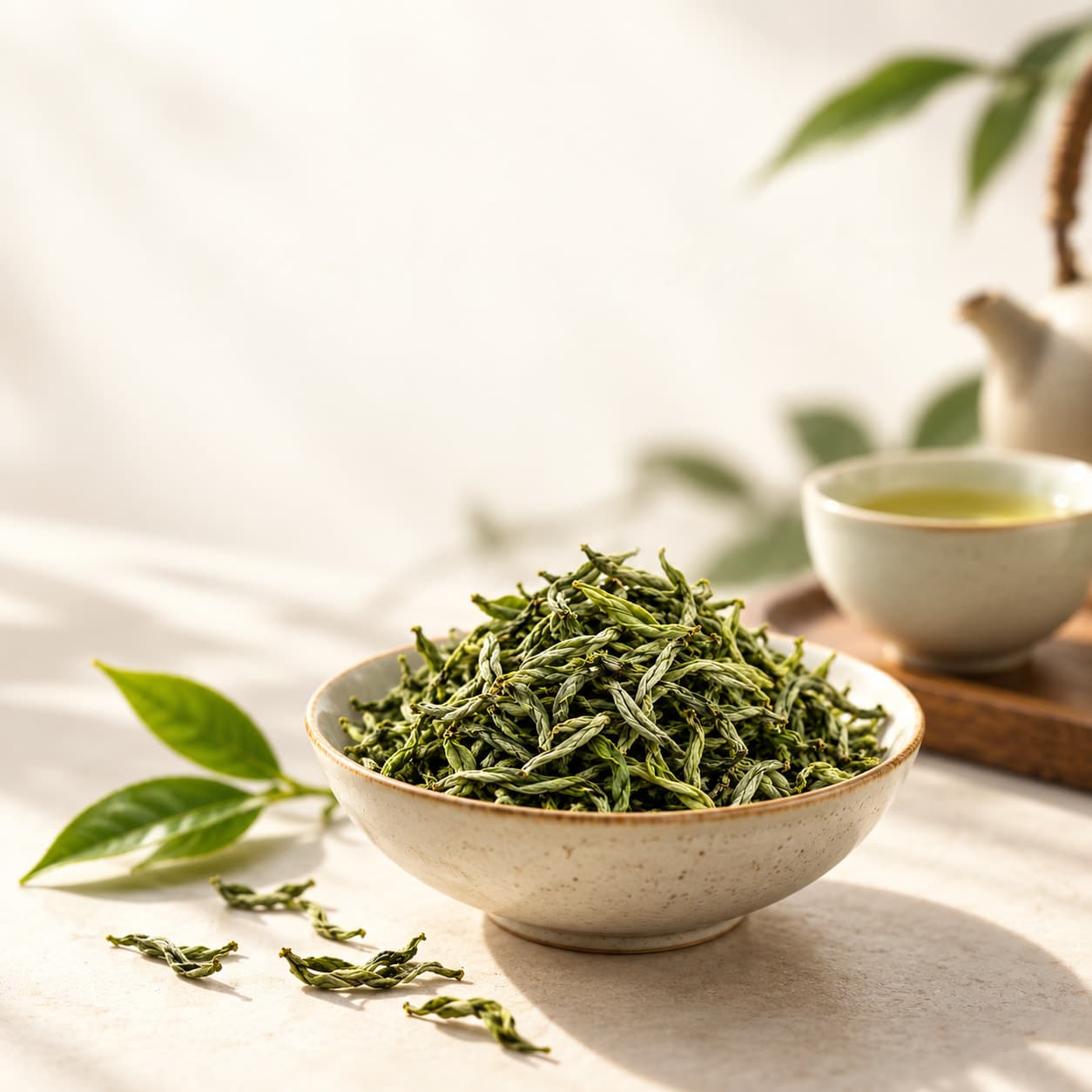 A stoneware bowl of Hangzhou green tea leaves on a light table, a cup of pale tea and a teapot behind.
