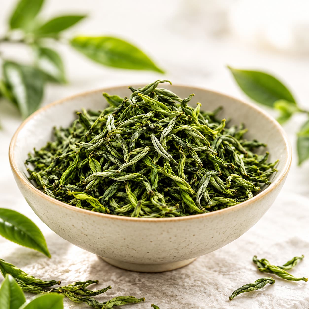 Long, twisted Hangzhou green tea leaves heaped in a speckled stoneware bowl, fresh tea leaves around it.