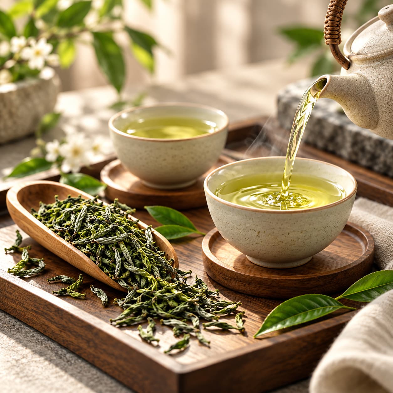 Green tea poured from a teapot into a stoneware cup on a walnut tray, a scoop of loose leaves beside it.