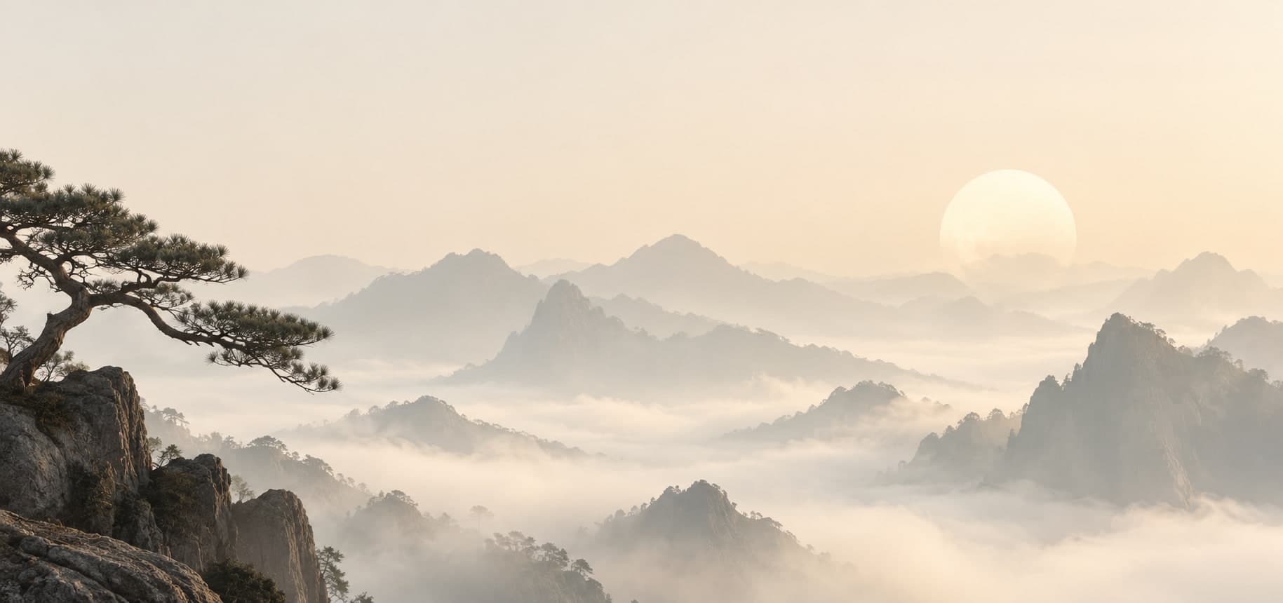 A pine on a rocky cliff above a sea of morning mist, mountain ridges fading towards a pale sun.