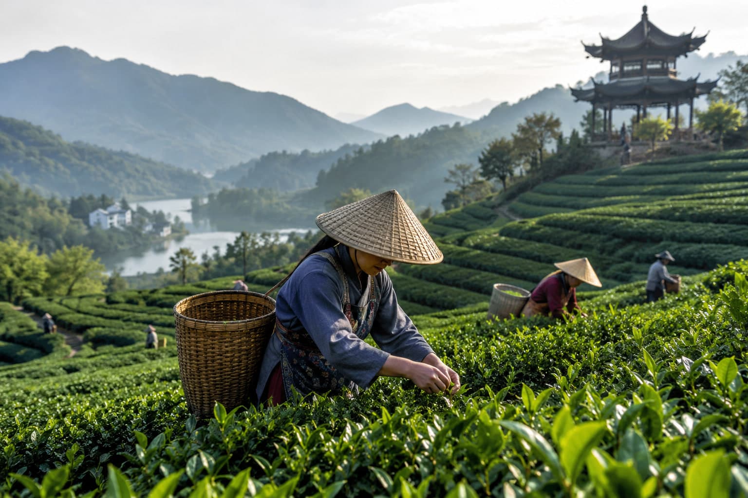 Tea pickers in conical straw hats gathering leaves by hand on terraced tea fields, with a lake, a pavilion and misty mountains beyond.