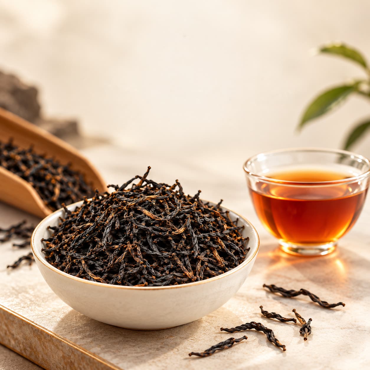 A white bowl of Wuyi black tea leaves, a bamboo scoop of leaves behind it and a glass cup of amber tea.