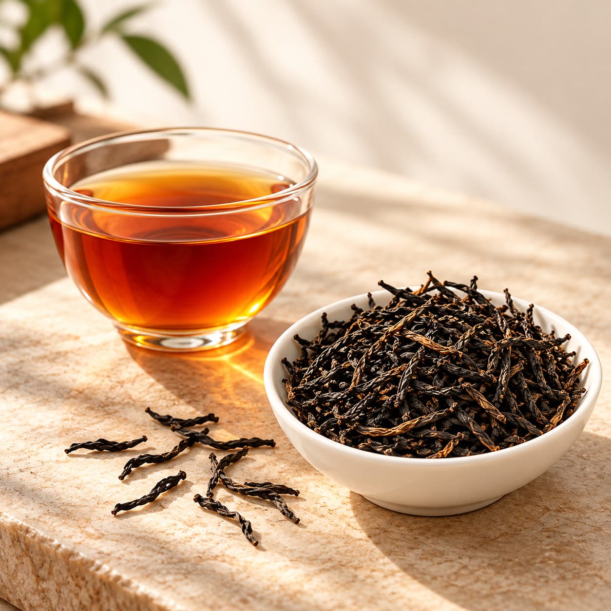 A glass cup of amber Wuyi black tea beside a white bowl of dark, twisted leaves, a few leaves on the stone.