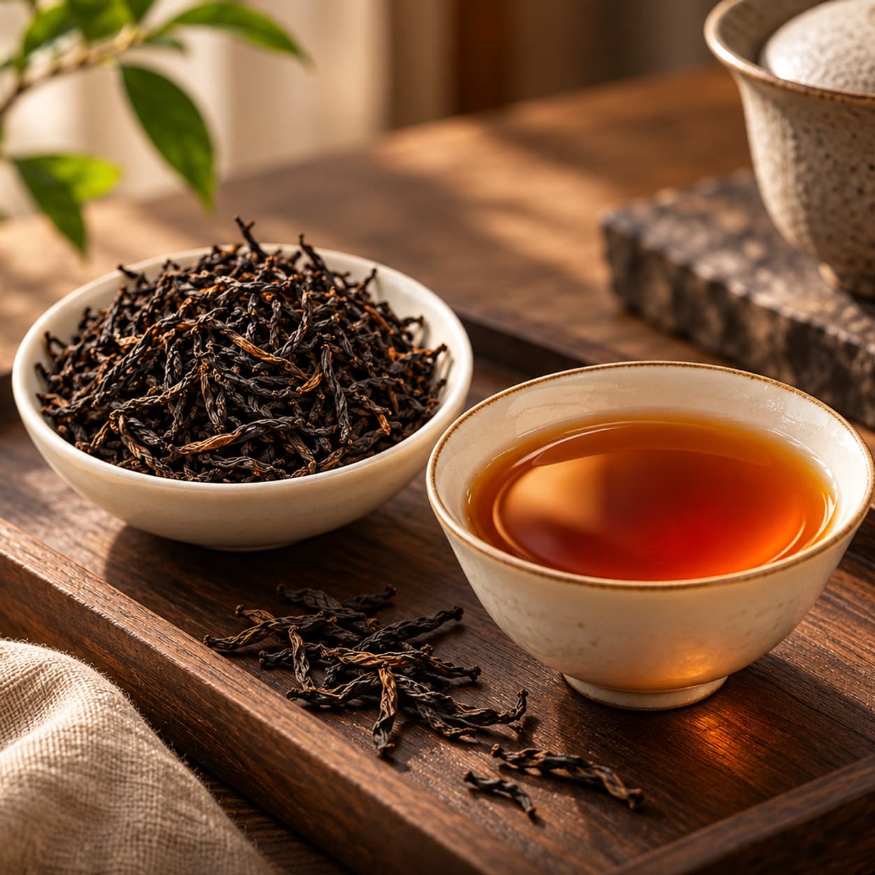Two bowls on a wooden tray in warm evening light, one of dark Wuyi tea leaves, the other of amber tea.