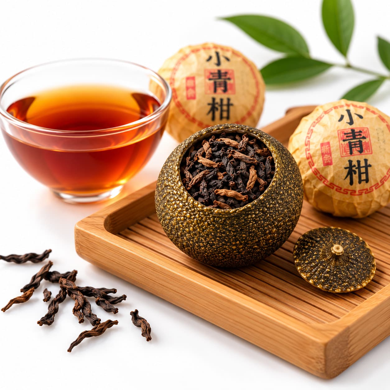 An opened mandarin of pu'er on a bamboo tray beside wrapped mandarins and a glass cup of tea.