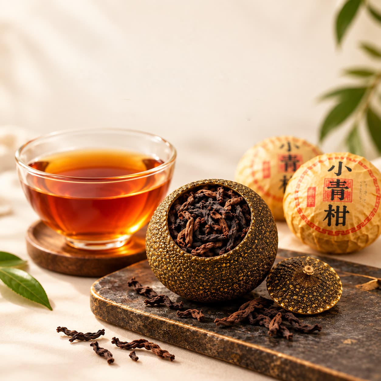 A glass cup of deep amber pu'er beside an opened mandarin on dark slate, wrapped mandarins behind.