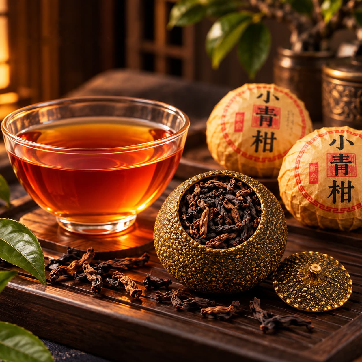 In warm evening light, a glass cup of deep amber pu'er, an opened mandarin with its lid and two wrapped mandarins on a wooden tray.