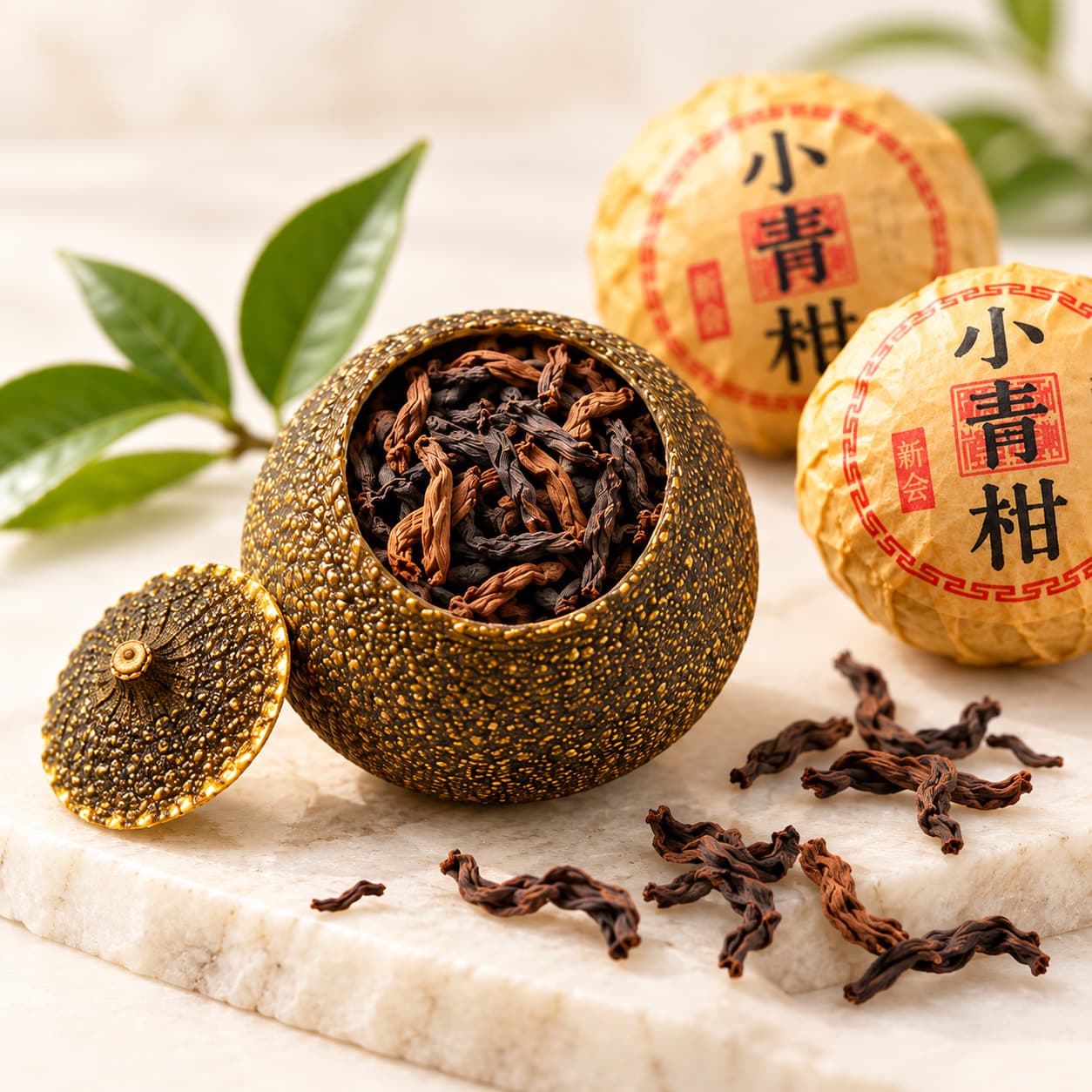 An opened green mandarin full of pu'er on white stone, its lid beside it and two mandarins in printed wrappers behind.