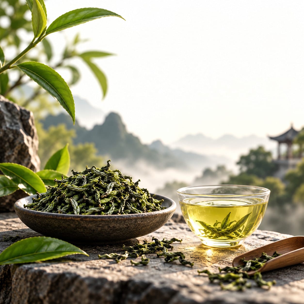 Loose green tea in a stone bowl and a glass cup of pale tea on a rock ledge, misty mountains and a pavilion beyond.