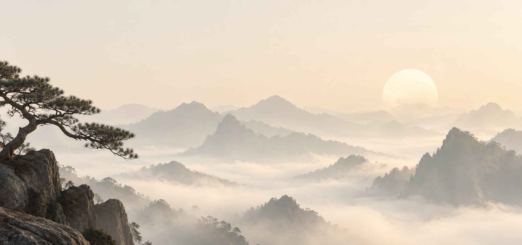 A pine on a rocky cliff above a sea of morning mist, mountain ridges fading towards a pale sun.