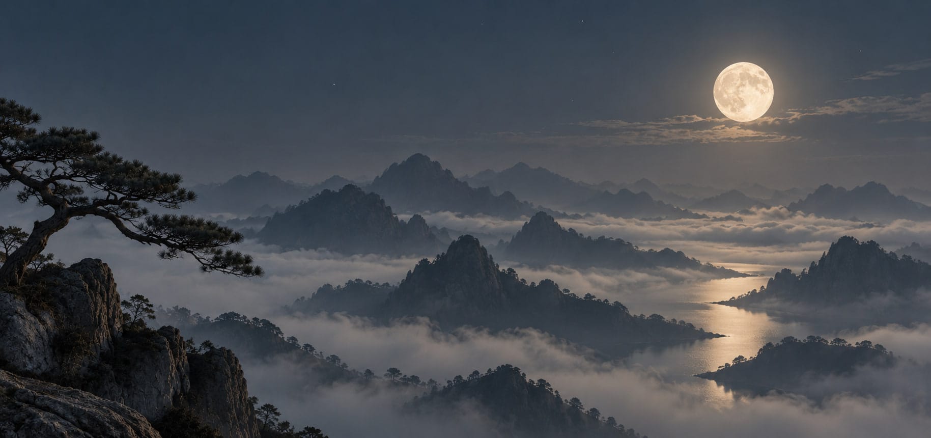 A full moon over misty mountains, a river shining between the peaks and a pine on the cliff edge.