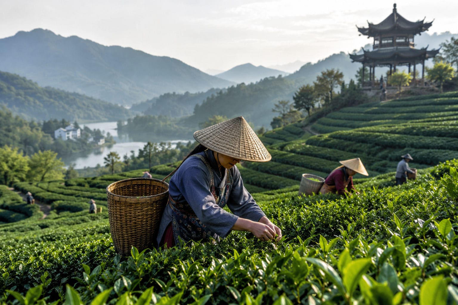 Tea pickers in conical straw hats gathering leaves by hand on terraced tea fields, with a lake, a pavilion and misty mountains beyond.